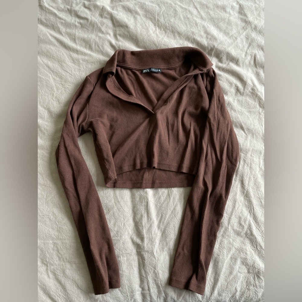 ZARA Brown Cropped Polo Long Sleeve Tee